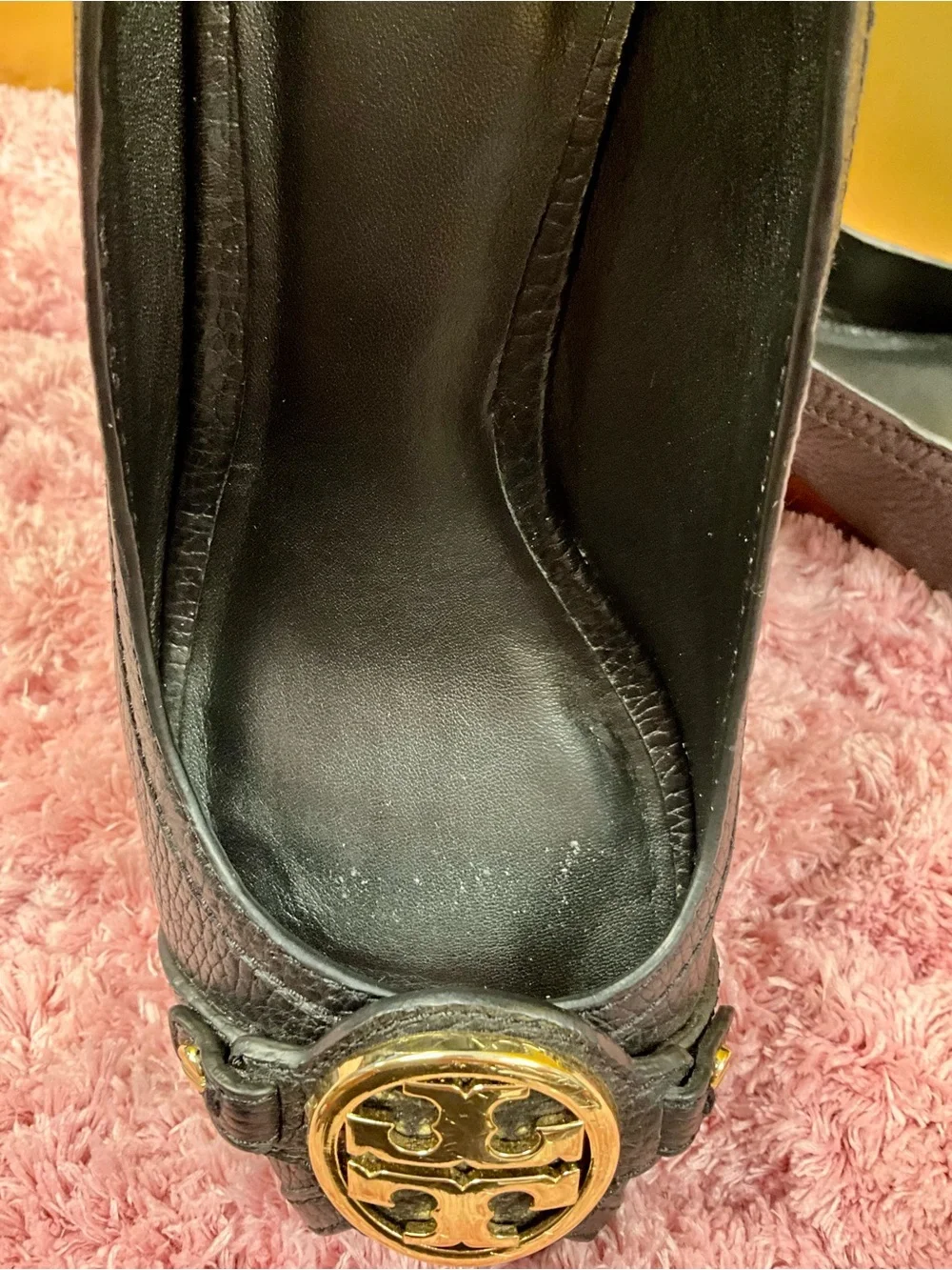 Tory Burch Black Peep-Toe Leather Pumps with Gold Logo Medallion